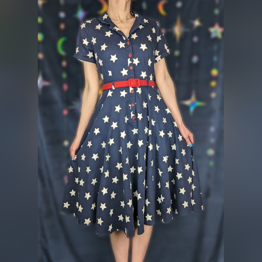 Collectif Stars Caterina Swing Dress Cotton Short Sleeve Navy Blue (US 6)